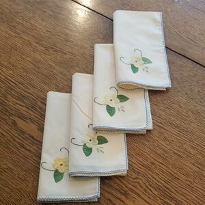 Vtg Elegant Cream  Napkins With Yellow Floral Applique & Blue Border -Set Of 4